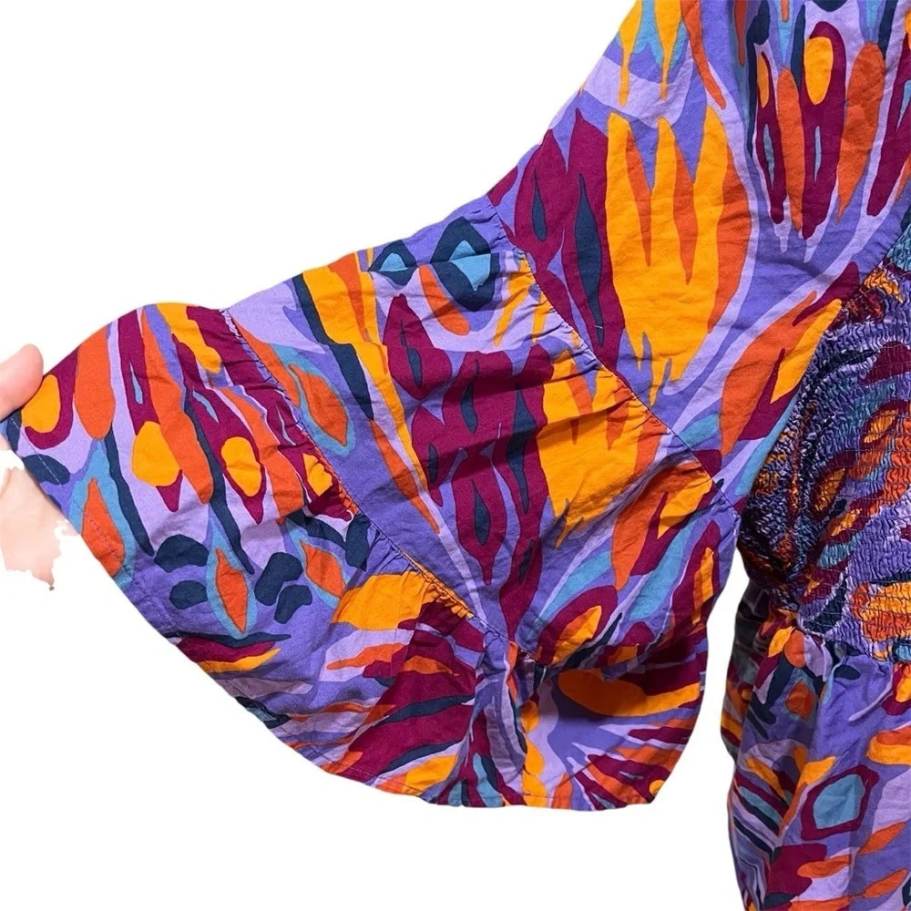 TERRA & SKY ~ Bright  Boho Smocked Top with Tiered Bell Sleeves Cotton Rayon 4X - Picture 4 of 10